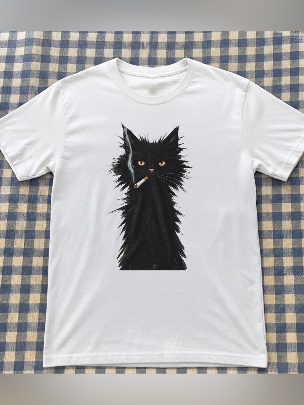 Gildan White Cat Graphic Tee with Black Cat Illustration Shirt